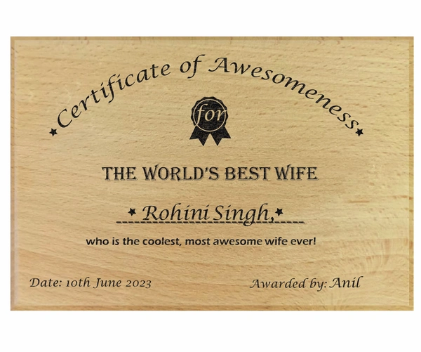 Achchha Gift Wooden Best husband, best wife certificate / award for gift, valantine's day or anniversary gift for wife and husband - 10x8 inch, Wife