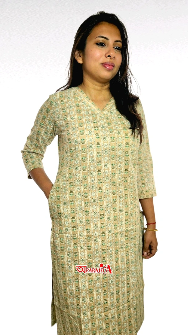 APARAJITA Cotton Printed Kurti - M, Beige