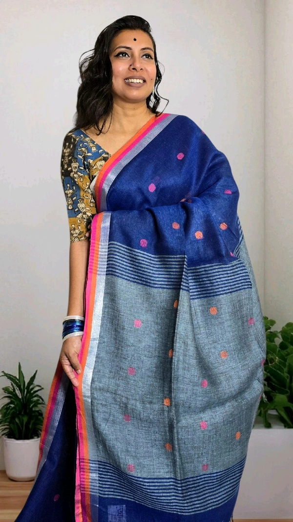 Polka Woven Blue Linen Saree