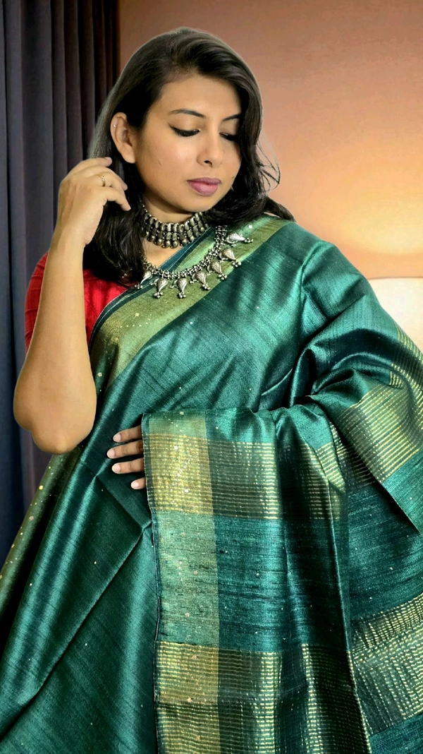 APARAJITA Tussar Saree With Sequins - Pine Green