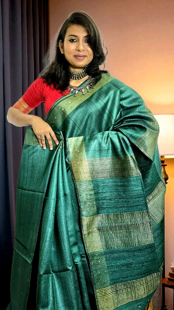 APARAJITA Tussar Saree With Sequins - Pine Green