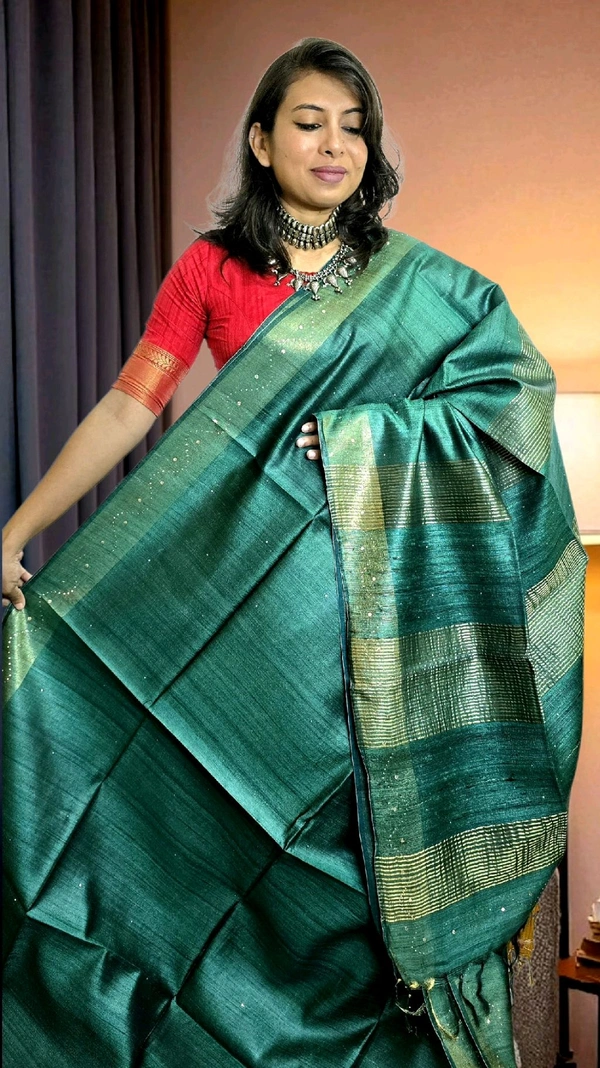 APARAJITA Tussar Saree With Sequins - Pine Green