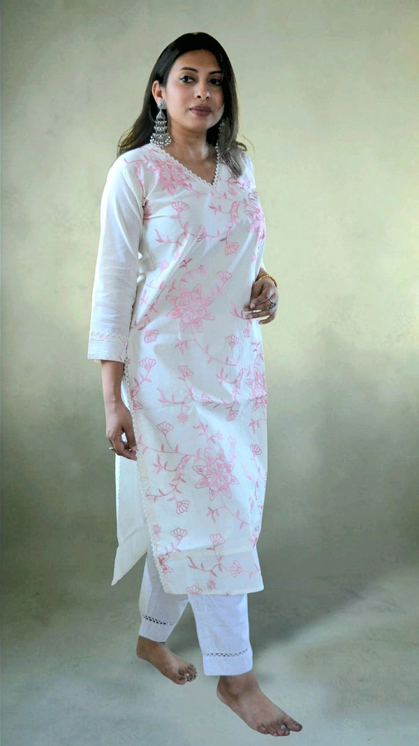 Pure Cotton Embroidery Kurti - L, Pink
