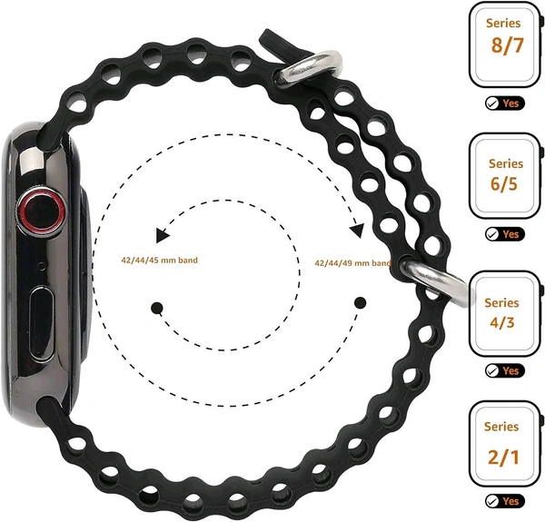 Watch Strap, Secure Fit, Adjustable, Comfortable, Stylish, Compatible with Apple Watch Series Ultra/SE/8/7/6/5/4/3/2/1 42mm, 44mm, 45mm and 49mm (Ocean Sports Band, Silicone - White