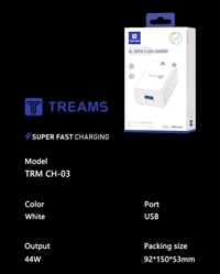 Treams Super Fast Charger 44W Flash Charger With Cable 3 Month Warranty  - White