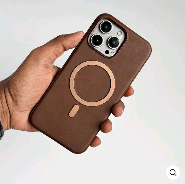 iPhone Premium PU Leather Metal MagSafe Ring Cover - Brown, Iphone 16 Pro Max