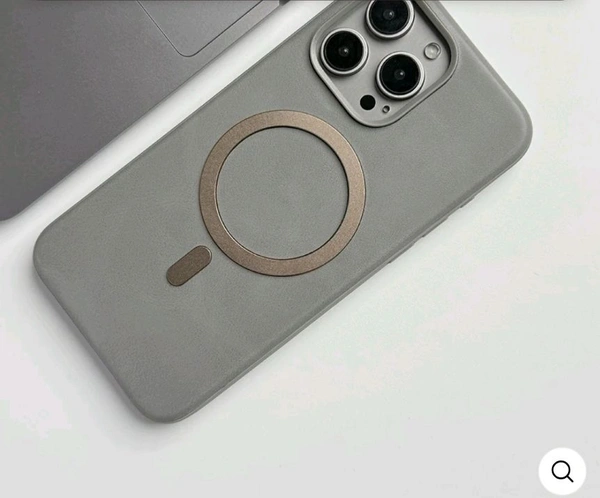 iPhone Premium PU Leather Metal MagSafe Ring Cover - Titanium Gray, Iphone 14