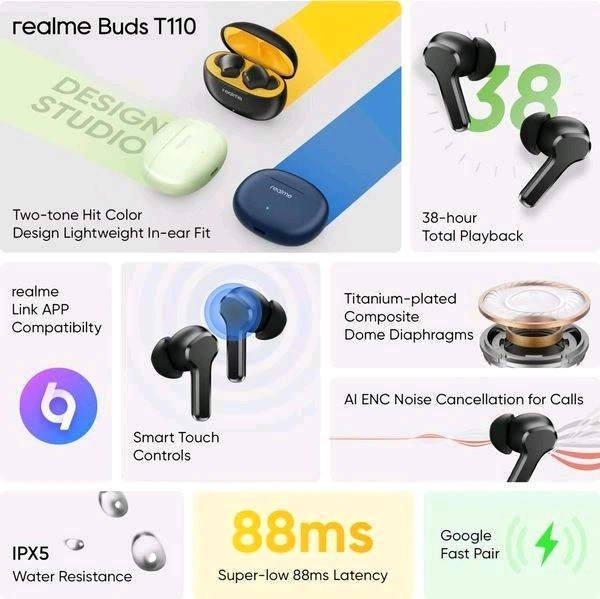 Realme Buds T110 TWS 38 hours Battery Life (Black)