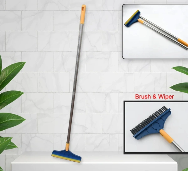 2 IN 1 CLEANING BRUSH & WIPER , LONG HANDLE FLOOR BRUSH, ROTATABLE CLEANING BRUSH FOR BATHROOM, KITCHEN, 120 DEGREE TRIANGULAR ROTATING BRUSH HEAD WITH WIPER, MOP