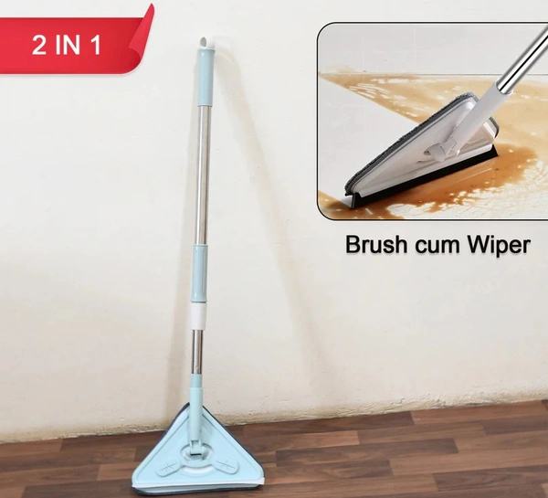 2 IN 1 EXTENDABLE TRIANGLE MOP RETRACTABLE CLEANING MOP BRUSH & VIPER, 360 DEGREE ROTATING FLOORS WALL CLEANING MOP DUST MOP WITH TELESCOPIC HANDLE AND REUSABLE MOP HEADS (1 PC)