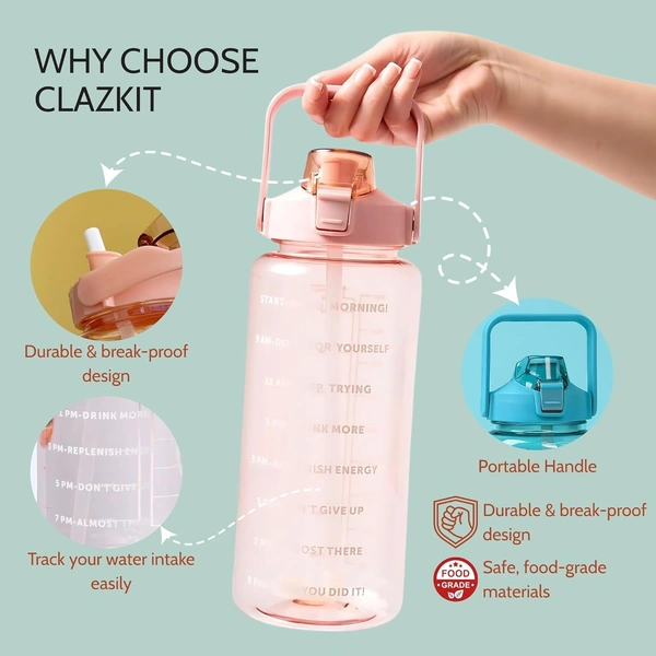 2000ml Transparent Motivational Water Bottle – 2L Leak-Proof Sports Sipper with Time Marker & Straw