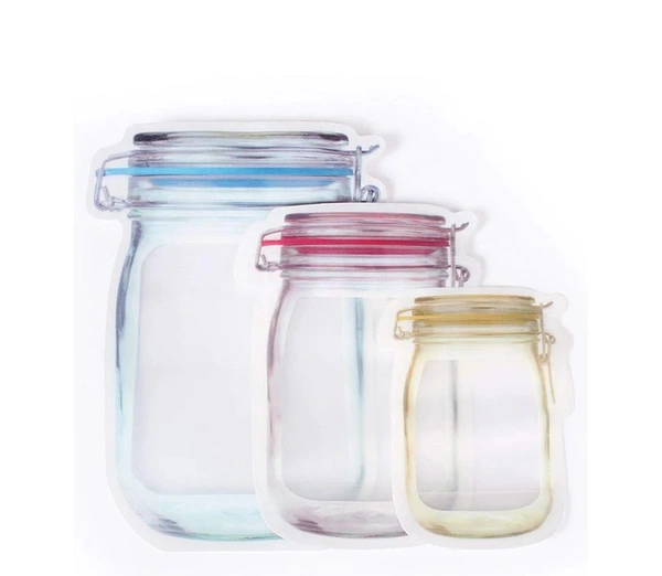 (3 PIECE SET ) PLASTIC TRANSPARENT JAR SHAPED STAND-UP POUCH WITH ZIPPER