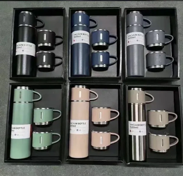 3-Piece Stainless Steel Vacuum Flask Set – 500ml Insulated Water Bottle with 3 Sharing Cups