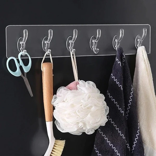6 Hook Sticker Plate, Adhesive Sticker Multi-Purpose 6 Hook for Hanging Strong, Heavy Duty Sticky Hooks for Hanging, Transparent Reusable Waterproof