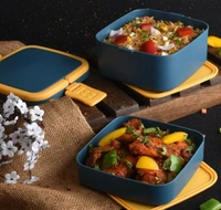 BLUE DOUBLE-LAYER PORTABLE LUNCH BOX STACKABLE WITH CARRYING HANDLE AND SPOON LUNCH BOX , BENTO LUNCH BOX