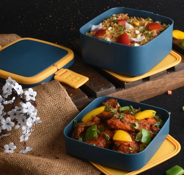 BLUE DOUBLE-LAYER PORTABLE LUNCH BOX STACKABLE WITH CARRYING HANDLE AND SPOON LUNCH BOX , BENTO LUNCH BOX