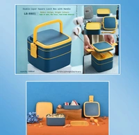 BLUE DOUBLE-LAYER PORTABLE LUNCH BOX STACKABLE WITH CARRYING HANDLE AND SPOON LUNCH BOX , BENTO LUNCH BOX