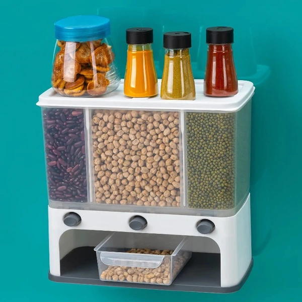 EASY FLOW CEREAL DISPENSER FOR KITCHEN 3 IN 1 PUSH BUTTON WALL MOUNT CONTAINER