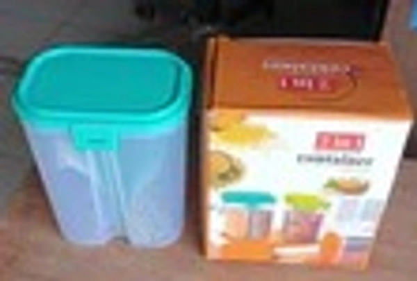 PLASTIC 2 SECTIONS AIR TIGHT TRANSPARENT FOOD GRAIN CEREAL STORAGE CONTAINER (2 LTR) (WITH BOX)