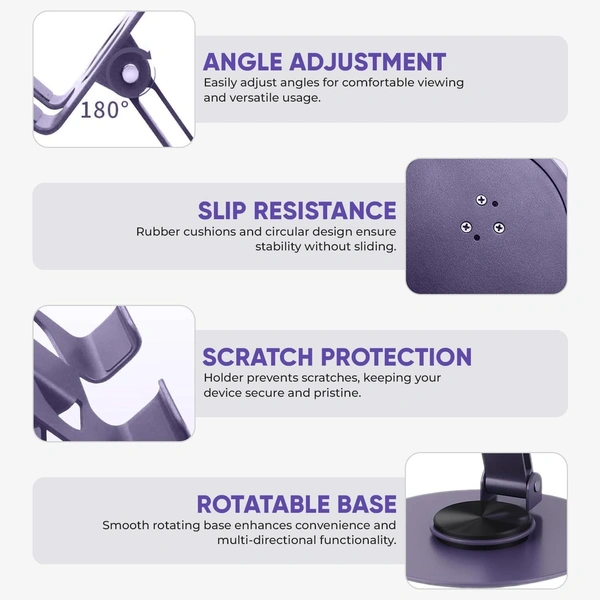 Premium Foldable Stainless Steel Mobile Stand | 360° Rotatable Tabletop Desk Phone Holder | Height Adjustable & Portable Dock for All Smartphones & Tablets (Purple)