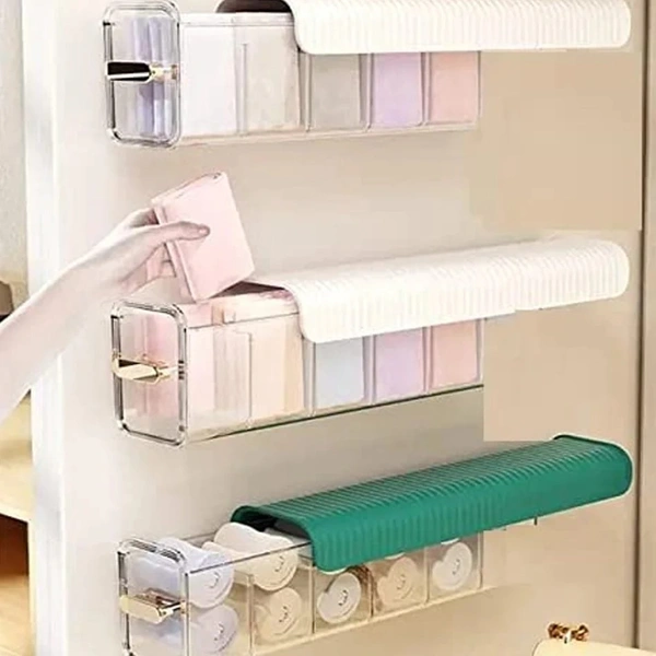 QUIRK DRAWER UNDERWEAR ORGANIZER DIVIDER, WALL MOUNT 5 CELL DRAWER STORAGE BOXES AND ACRYLIC ORGANIZERS FOR LINGERIE, SOCKS, TIES, DATA CABLE, SPICES ORGANIZATION AND STORAGE.