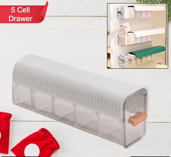 QUIRK DRAWER UNDERWEAR ORGANIZER DIVIDER, WALL MOUNT 5 CELL DRAWER STORAGE BOXES AND ACRYLIC ORGANIZERS FOR LINGERIE, SOCKS, TIES, DATA CABLE, SPICES ORGANIZATION AND STORAGE.