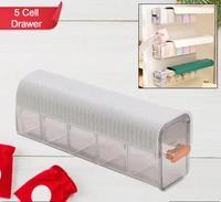 QUIRK DRAWER UNDERWEAR ORGANIZER DIVIDER, WALL MOUNT 5 CELL DRAWER STORAGE BOXES AND ACRYLIC ORGANIZERS FOR LINGERIE, SOCKS, TIES, DATA CABLE, SPICES ORGANIZATION AND STORAGE.