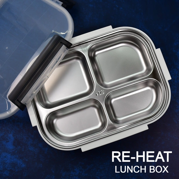 White Transparent 4 Compartment Lunch Box for Kids and adults, Stainless Steel Lunch Box with 4 Compartments.