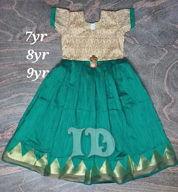 1114/chanderi Green Full Frock - 7yr