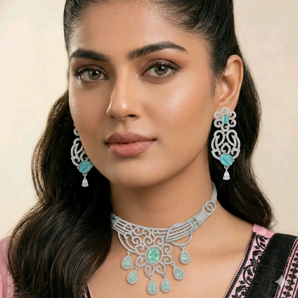 Glostar Emerald Bloom Mint Green Premium Partywear AD Choker Necklace Set
