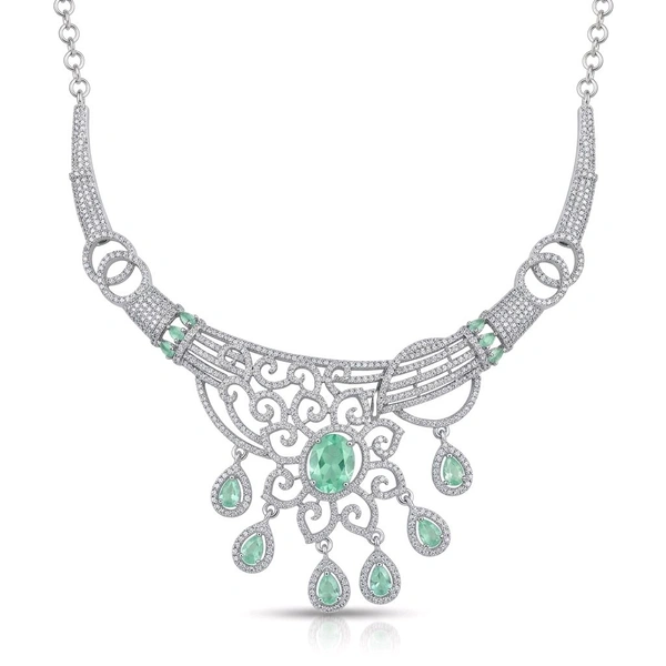 Glostar Emerald Bloom Mint Green Premium Partywear AD Choker Necklace Set