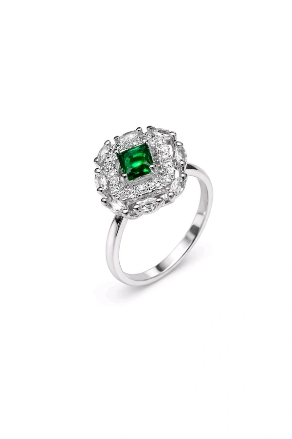 Premium Silver Plated American Diamond Ring – Blue, Ruby, & Green Colour Options - Green