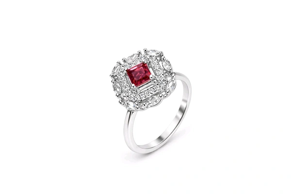 Premium Silver Plated American Diamond Ring – Blue, Ruby, & Green Colour Options - Red