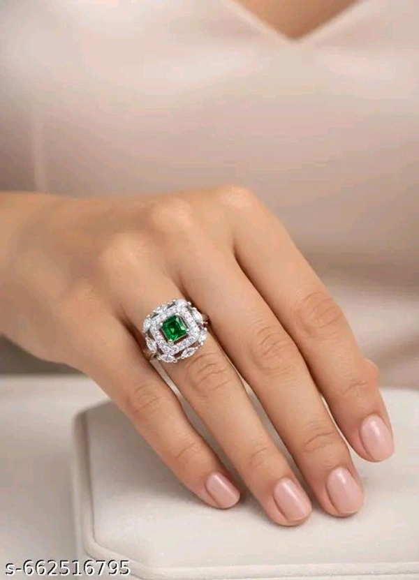 Premium Silver Plated American Diamond Ring – Blue, Ruby, & Green Colour Options - Green