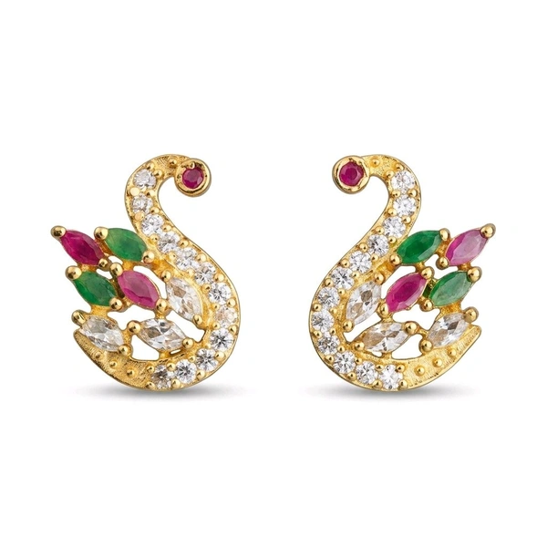 Gold Plated Swan Stud Earrings For Women
With Ruby Green Emerald CZ Stones |
Traditional Bridal Party Festive Wear |
Screw Back Earrings