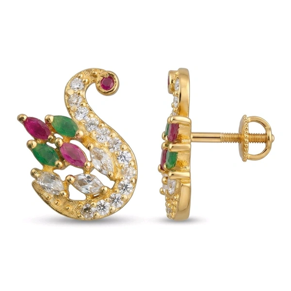 Gold Plated Swan Stud Earrings For Women
With Ruby Green Emerald CZ Stones |
Traditional Bridal Party Festive Wear |
Screw Back Earrings