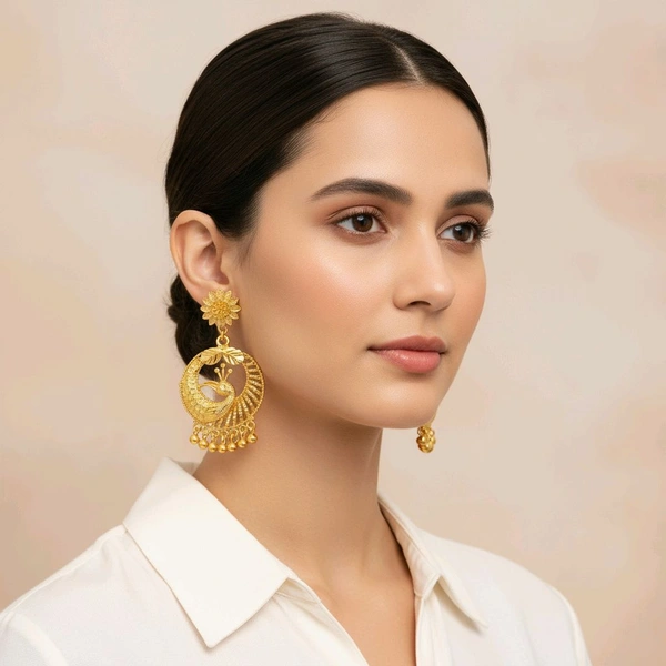 Gold Plated Peacock Chandbali Earrings
For Women Traditional Bridal Wedding
Filigree Design Gold Beads Ethnic Festive