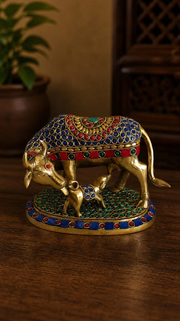 GS Decors Brass Stone Cow and Calf 5''