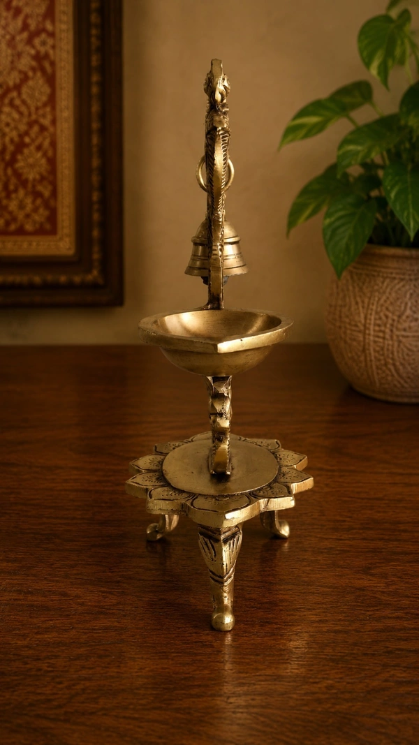 GS Decors Brass Single face diya with Peacock and Bell 8''