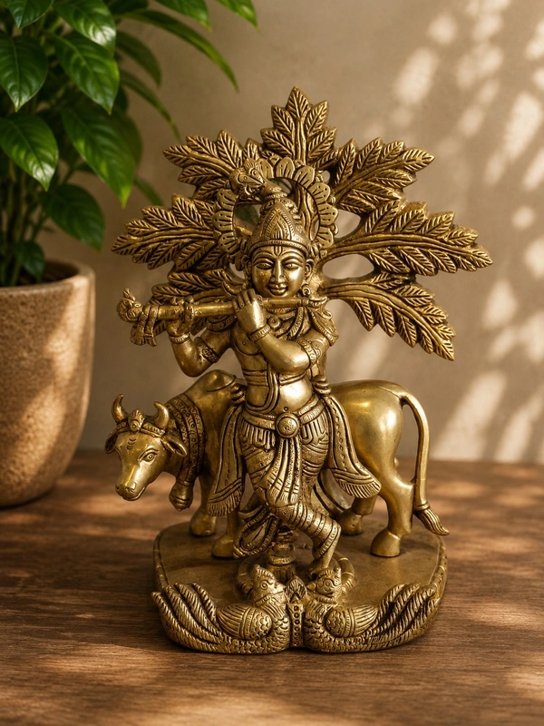 GS Decors Brass Tree Krishna 9''