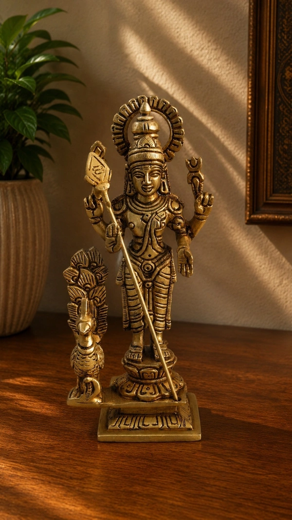 GS Decors Brass Murugan with Peacock 8''