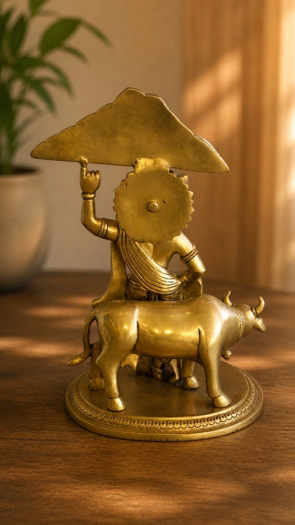 GS Decors Brass Cow Krishna Holding Govardhana mountain 11.5''