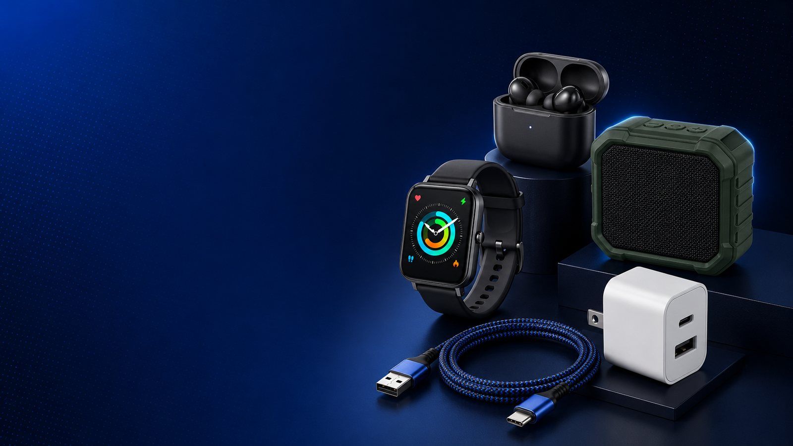 Smartwatch, earbuds, Bluetooth speaker, charger and braided cable from Legend Hub