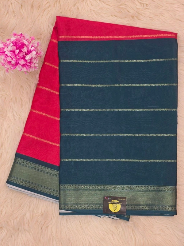 SEMI MYSORE SILK - PINK AND PEACOCK BLUE