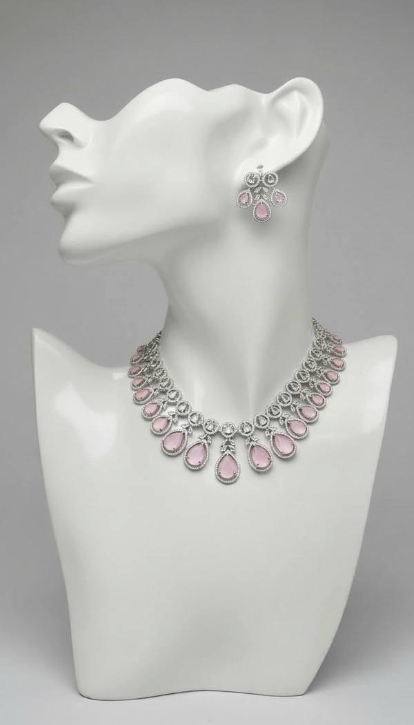 BH0518 : Elegant American Diamond Necklace Set with Mint Green Teardrop Stones & Matching Earrings for Women