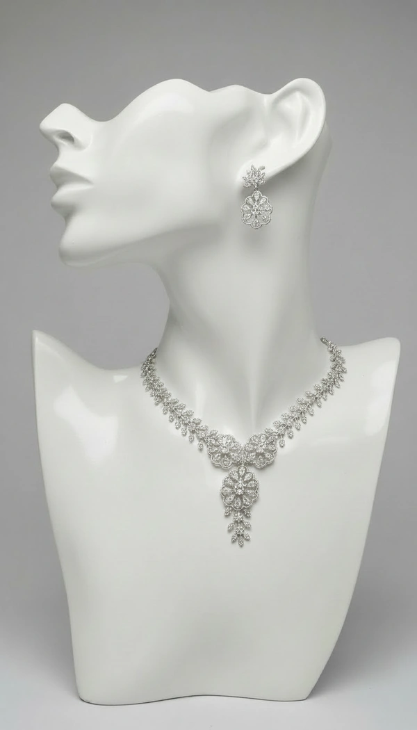 BH0523 : Designer American Diamond Floral Necklace Set with Matching Earrings for Women – Silver Finish Wedding & Party Jewellery
