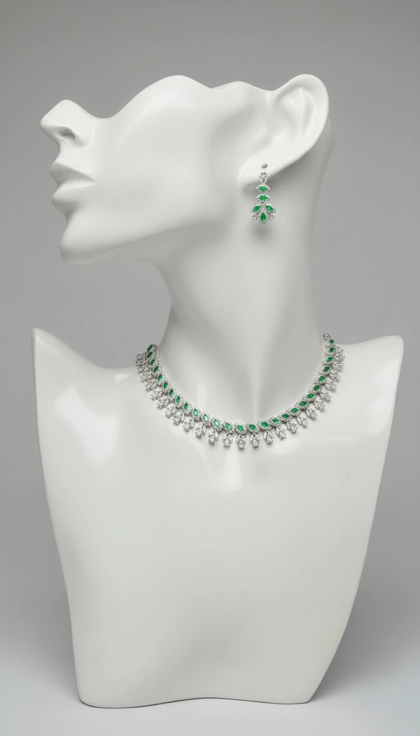 BH0525 : Elegant American Diamond Necklace Set with Green Marquise Stones & Matching Earrings for Women – Silver Finish Bridal Jewellery