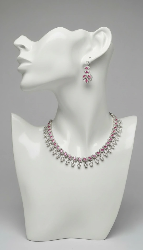 BH0524 : Elegant American Diamond Necklace Set with Pink Marquise Stones & Matching Earrings for Women – Silver Finish Bridal Jewellery