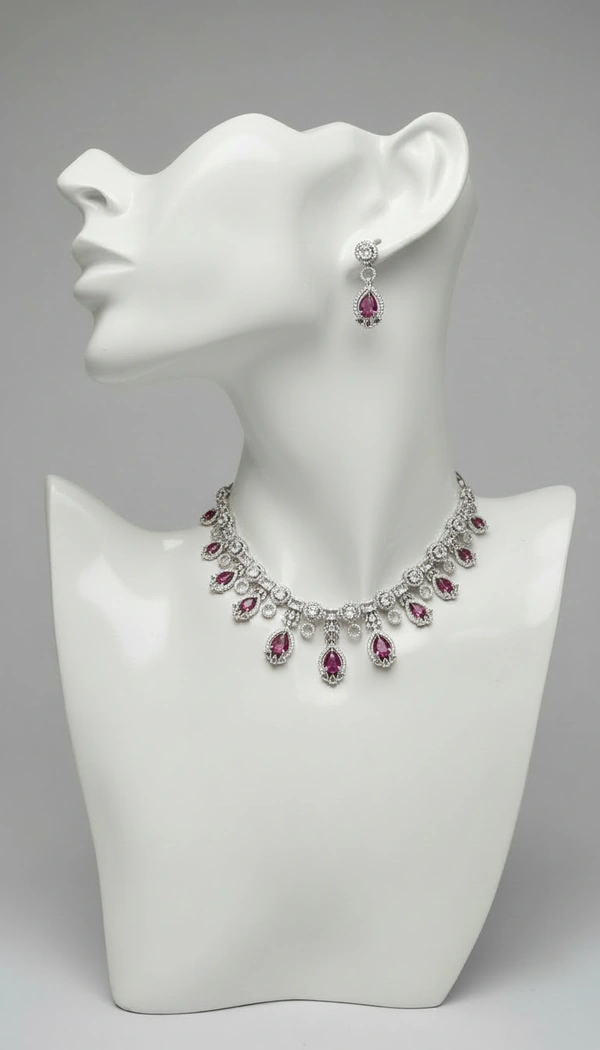 BH0527 : Luxury American Diamond Teardrop Necklace Set with Matching Earrings for Women – Silver Finish Bridal & Party Jewellery