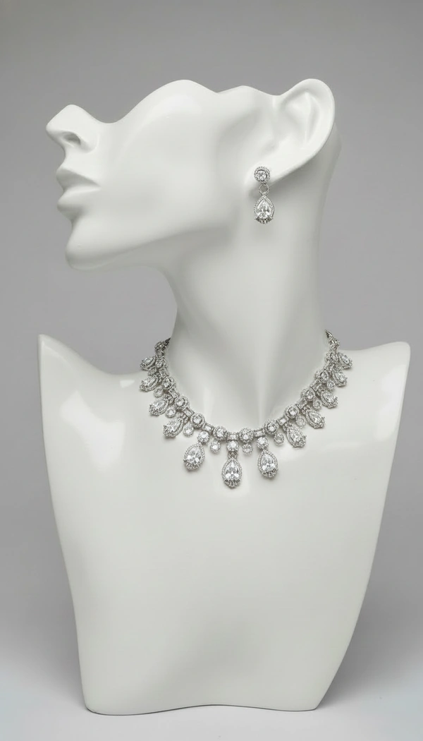 BH0526 : Luxury American Diamond Teardrop Necklace Set with Matching Earrings for Women – Silver Finish Bridal & Party Jewellery